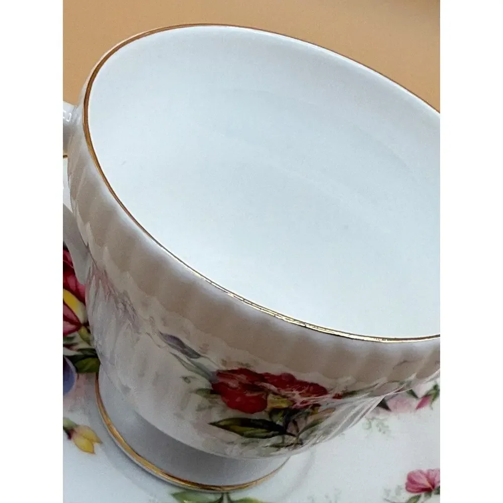 🌸 Royal Dover Flower of the Month Cup & Saucer Ribbed Bone China England APRIL
